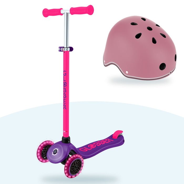 Kit Globber: scooter Primo Plus Lights Neon Pink y casco Primo Lights Deep Pastel Pink