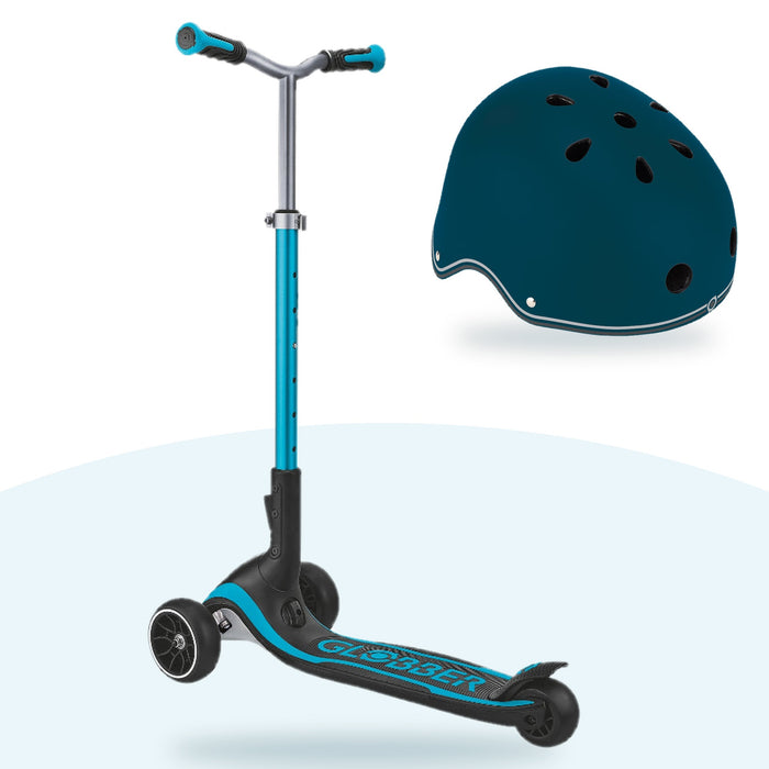 Kit Globber: scooter Ultimum Sky Blue y casco Primo Lights Petrol Blue