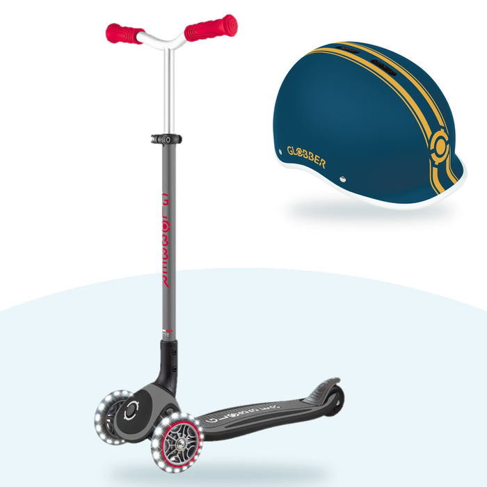 Kit Globber: scooter Maxi Lights Black y casco Ultimum Petrol Blue