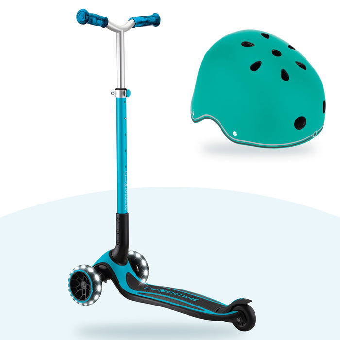 Kit Globber: scooter ACE Lights Aqua y casco Primo Lights Emerald Green