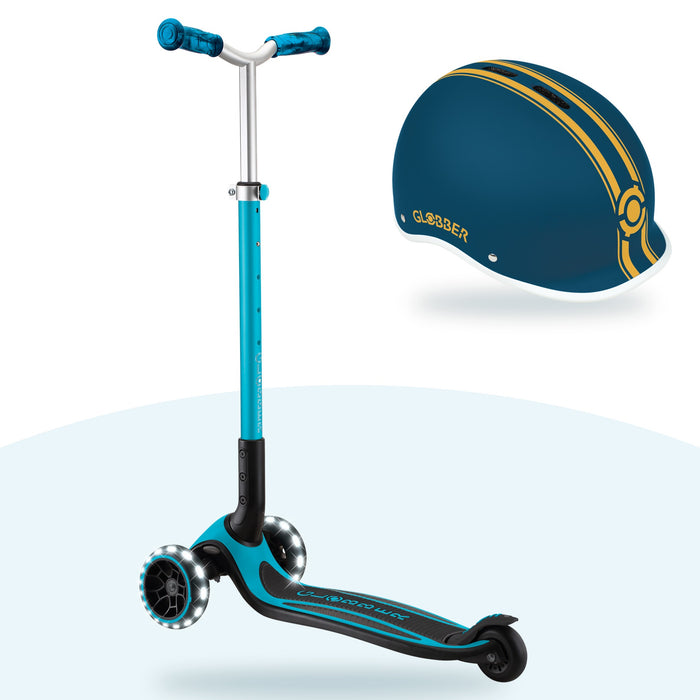 Kit Globber: scooter ACE Lights Aqua y casco Ultimum Petrol Blue