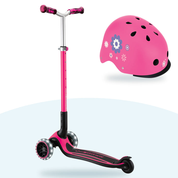 Kit Globber: scooter ACE Lights Fucsia y casco Primo Fantasy Deep Pink Flowers