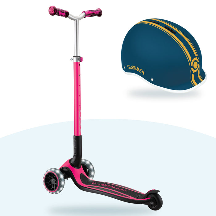 Kit Globber: scooter ACE Lights Fucsia y casco Ultimum Petrol Blue