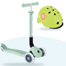 Kit Globber: scooter Ecológico Plegable Pistachio y casco Primo Fantasy Lime Green Flowers