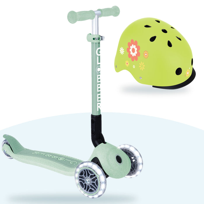 Kit Globber: scooter Ecológico Plegable Pistachio y casco Primo Fantasy Lime Green Flowers