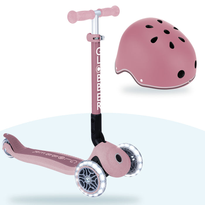 Kit Globber: scooter Ecológico Plegable Berry y casco Primo Lights Deep Pastel Pink