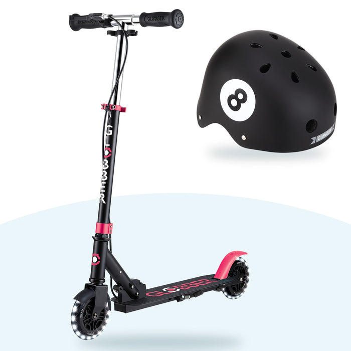 Kit Globber: scooter Flow Element Junior Lights Black Pink y casco Primo Fantasy 8 Ball Black