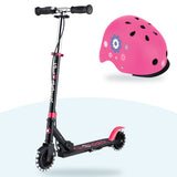 Kit Globber: scooter Flow Element Junior Lights Black Pink y casco Primo Fantasy Deep Pink Flowers