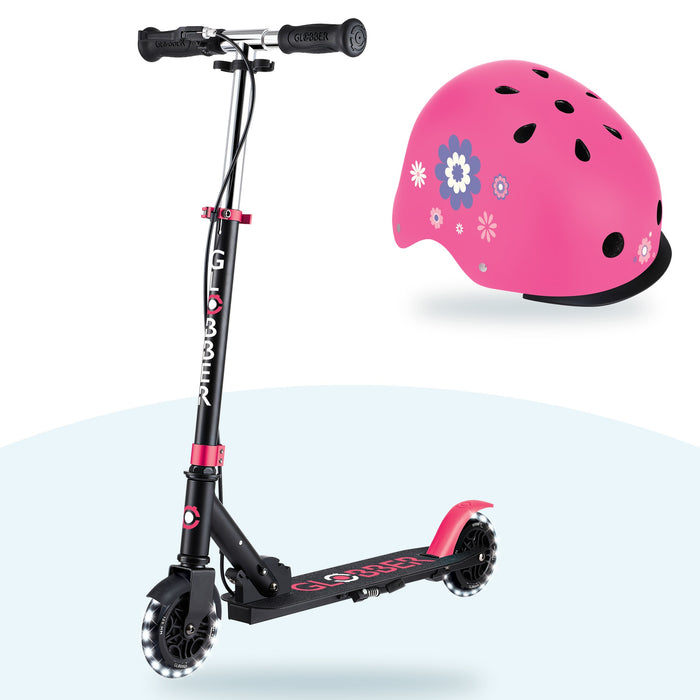 Kit Globber: scooter Flow Element Junior Lights Black Pink y casco Primo Fantasy Deep Pink Flowers