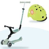 Kit Globber: scooter Go Up Lights Ecologic Pistachio y casco Primo Fantasy Lime Green Flowers