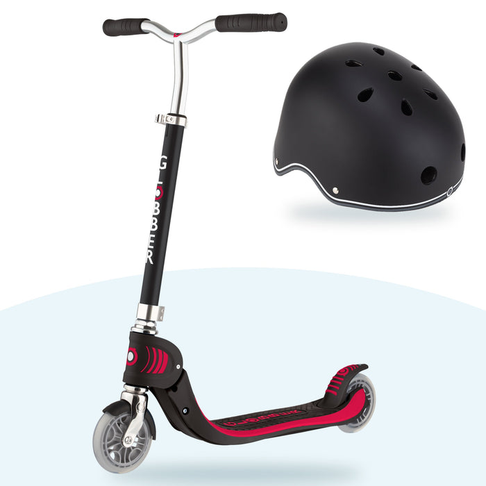 Kit Globber: scooter Flow Junior Plegable Black y casco Primo Lights Black