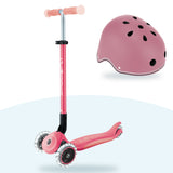 Kit Globber: scooter Elite Glow Lights Coral Pink y casco Primo Lights Deep Pastel Pink