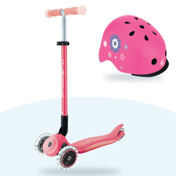Kit Globber: scooter Elite Glow Lights Coral Pink y casco Primo Fantasy Deep Pink Flowers