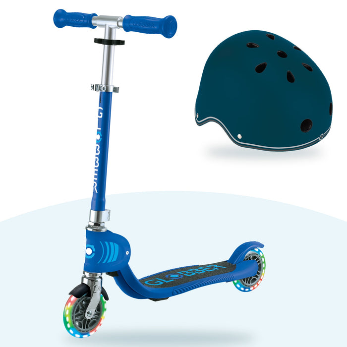 Kit Globber: scooter Flow Foldable Junior Lights Navy Blue y casco Primo Lights Petrol Blue