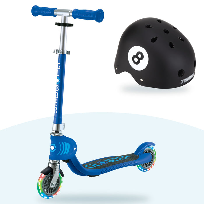 Kit Globber: scooter Flow Foldable Junior Lights Navy Blue y casco Primo Fantasy 8 Ball Black