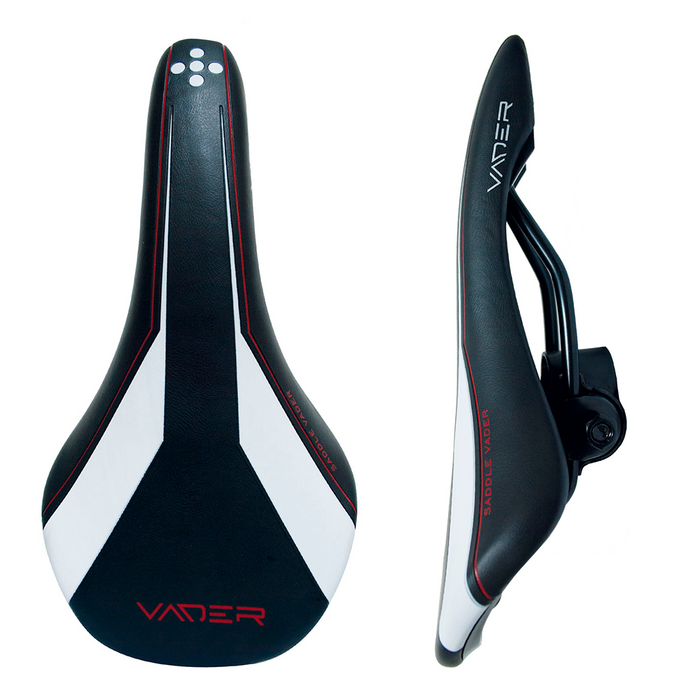 Asiento MTB Vader negro y blanco visto desde arriba y de lado