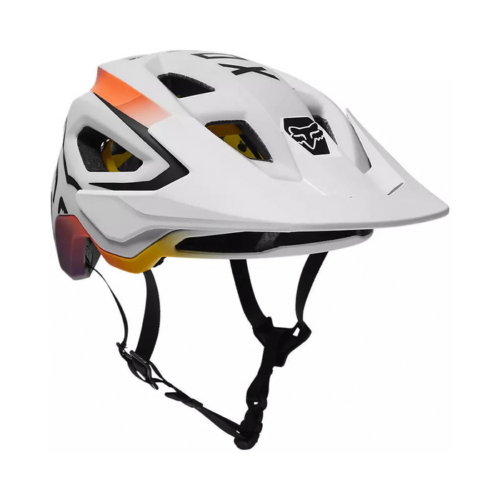 Casco de bicicleta Fox Speedframe Vnish blanco, vista frontal en ángulo