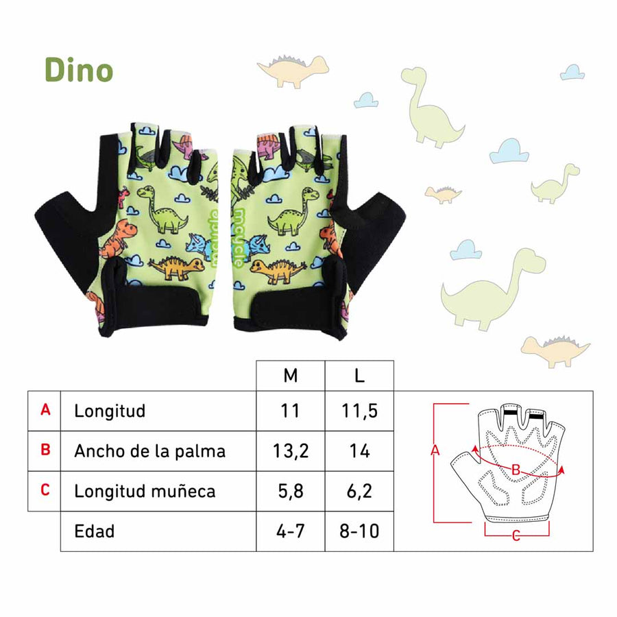 Medidas de los guantes infantiles Mcycle Dino: tallas M y L según la edad