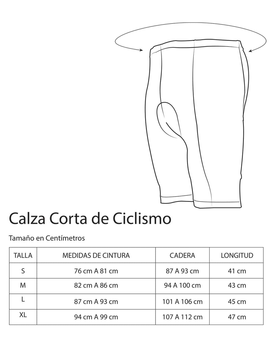 Tabla de tallas de la calza corta de ciclismo OnWheels: cintura, cadera y largo