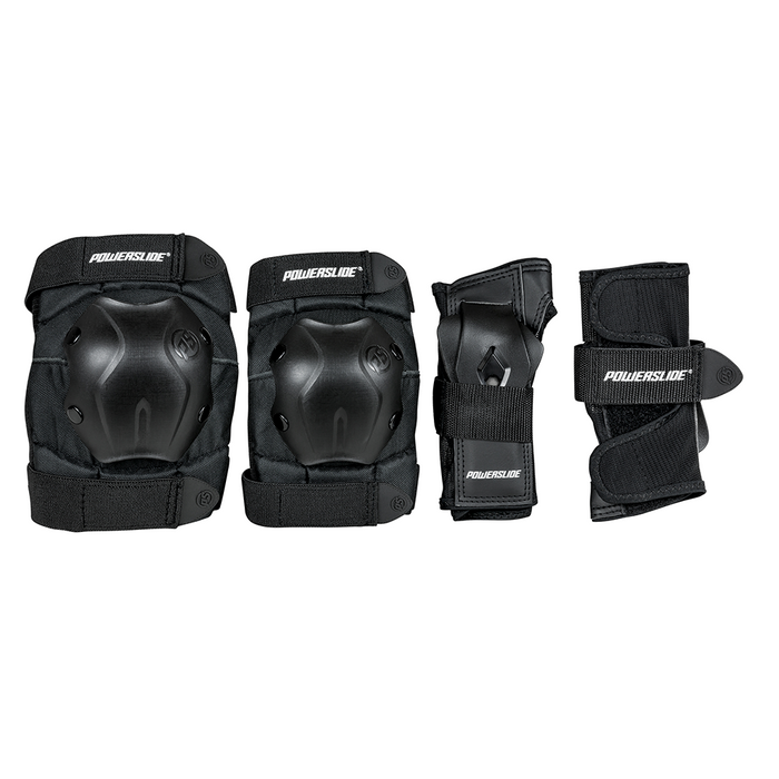Pack Standard de protecciones Powerslide adulto: rodilleras, coderas y muñequeras negras