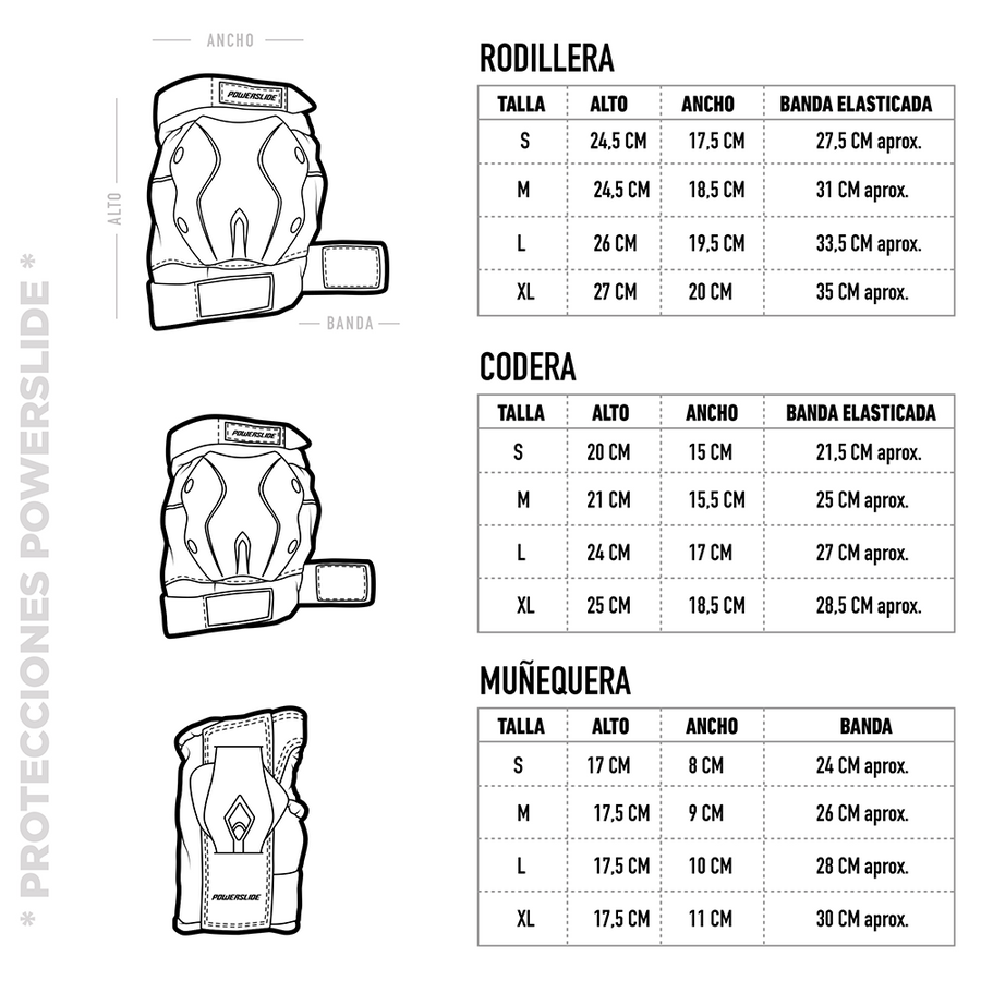 Tabla de tallas de las protecciones Powerslide: rodillera, codera y muñequera de S a XL