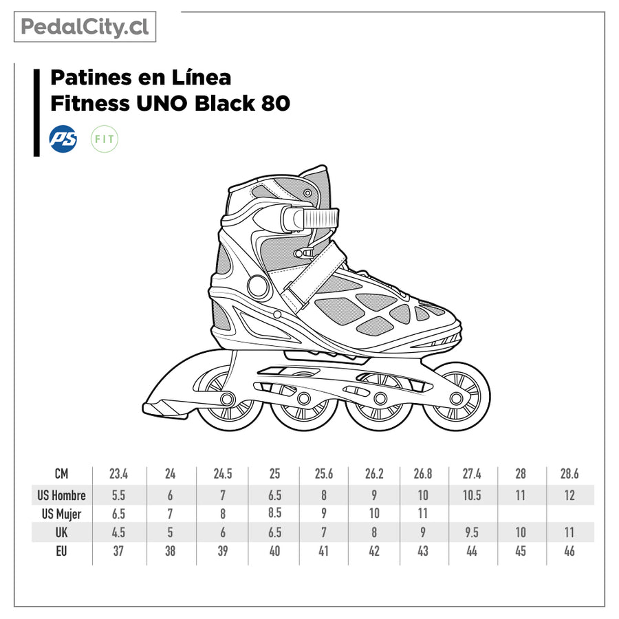 Tabla de tallas de los patines en línea Fitness UNO Black 80