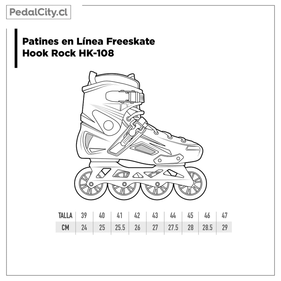 Tabla de tallas de los patines freeskate Hook Rock HK-108: tallas 39 a 47