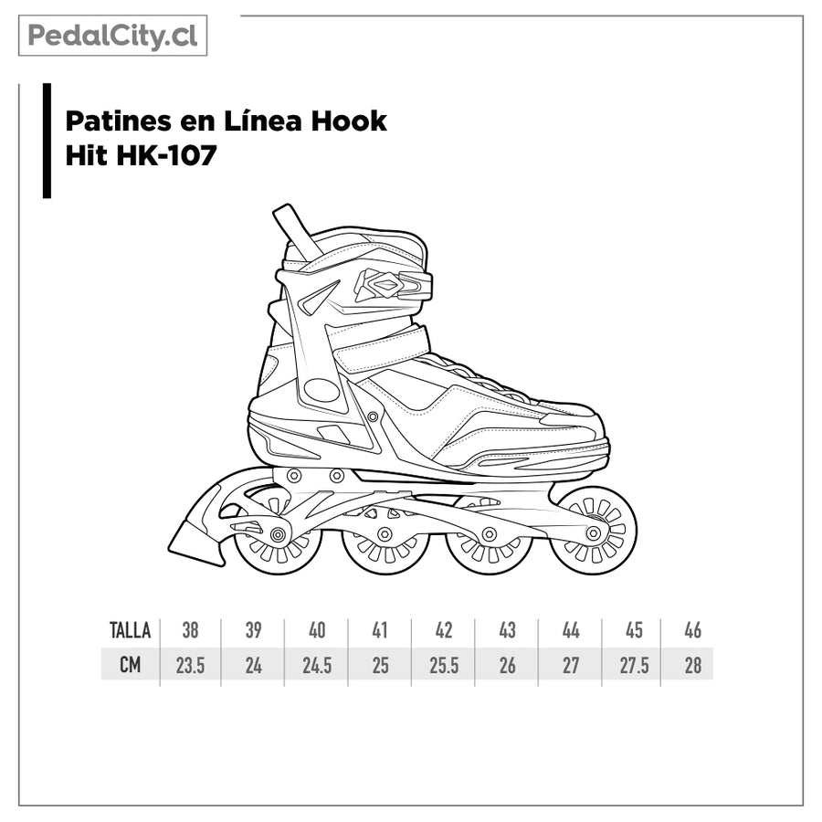 Tabla de tallas de los patines en línea Hook Hit: tallas 38 a 46