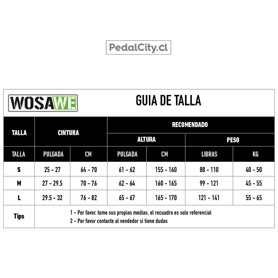 Guía de tallas del short protector Wosawe: S, M y L según cintura, altura y peso
