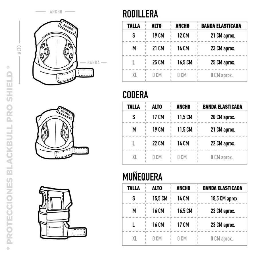Tabla de tallas de las protecciones Blackbull Pro Shield: rodillera, codera y muñequera