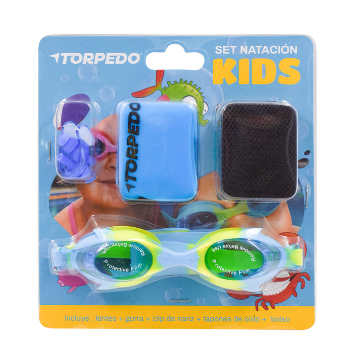 Set de natación infantil Torpedo azul con lentes, gorro y tapones