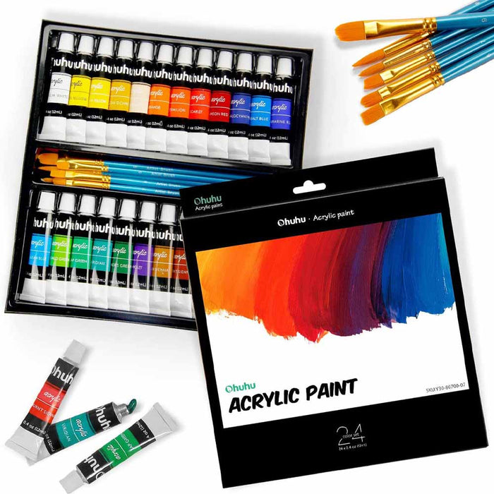 Set 24 pinturas acrílicas 12ml Ohuhu + 6 pinceles