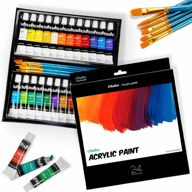 Set 24 pinturas acrílicas 12ml Ohuhu + 6 pinceles