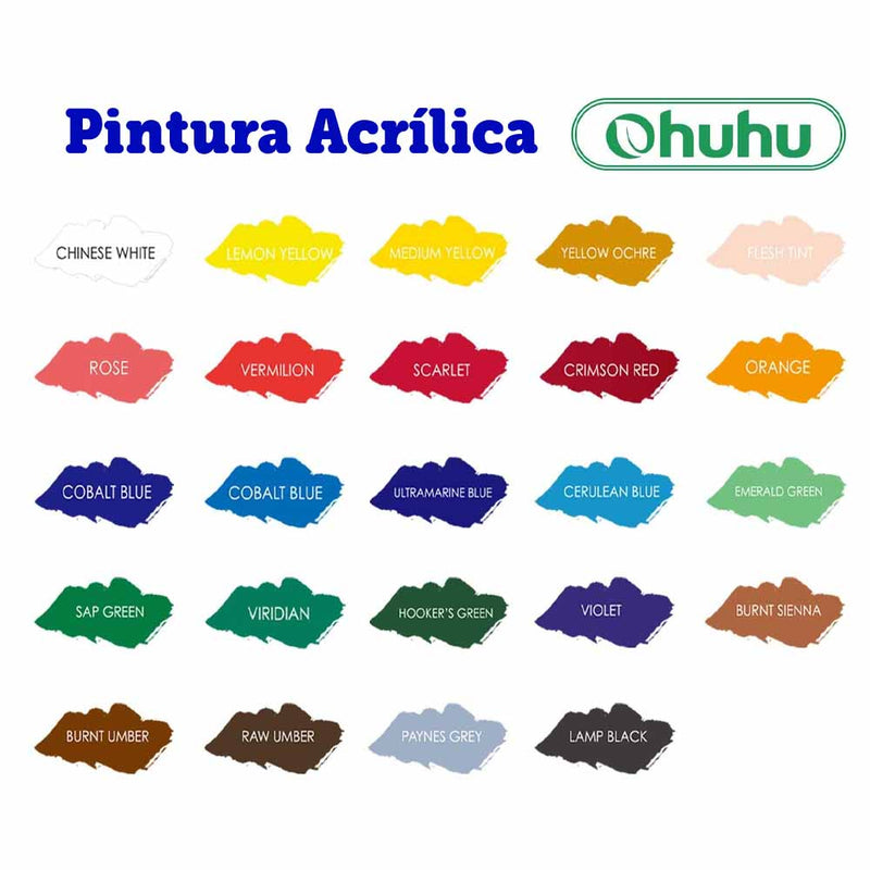 Set 24 pinturas acrílicas 12ml Ohuhu + 6 pinceles