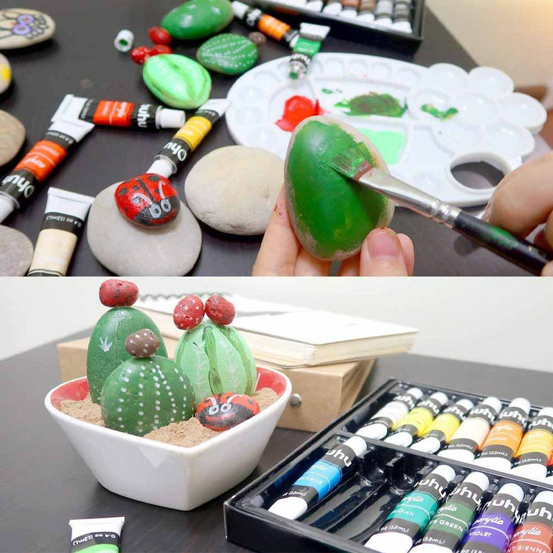 Set 24 pinturas acrílicas 12ml Ohuhu + 6 pinceles