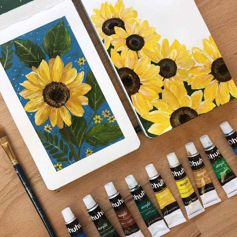 Set 24 pinturas acrílicas 12ml Ohuhu + 6 pinceles