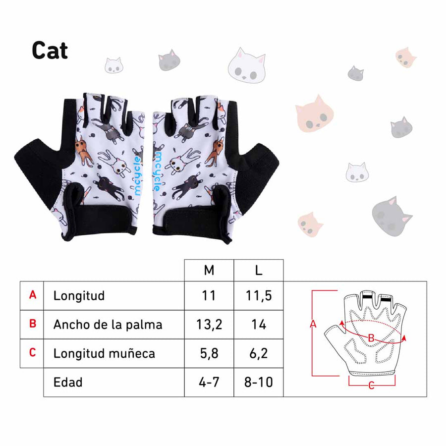Medidas de los guantes infantiles Mcycle Cat: tallas M y L según la edad