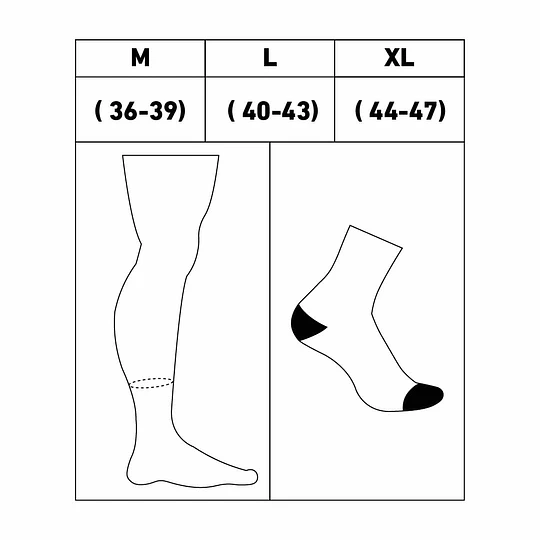 Tabla de tallas de los calcetines Funstep: M 36-39, L 40-43 y XL 44-47