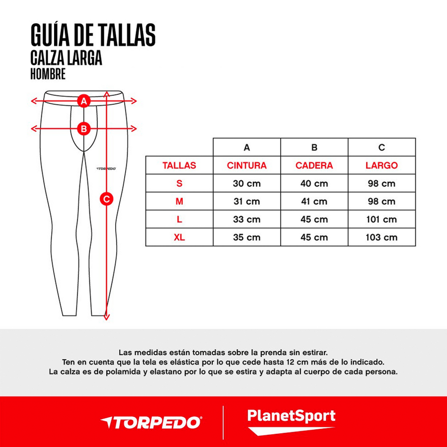 Guía de tallas de la calza larga Torpedo para hombre: cintura, cadera y largo